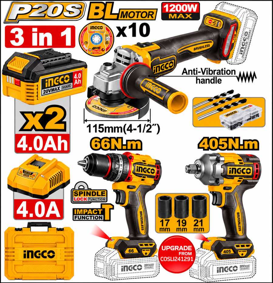INGCO 20V Brushless 3-in-1 Cordless Combo Kit — Grinder + Drill + Wrench P20S