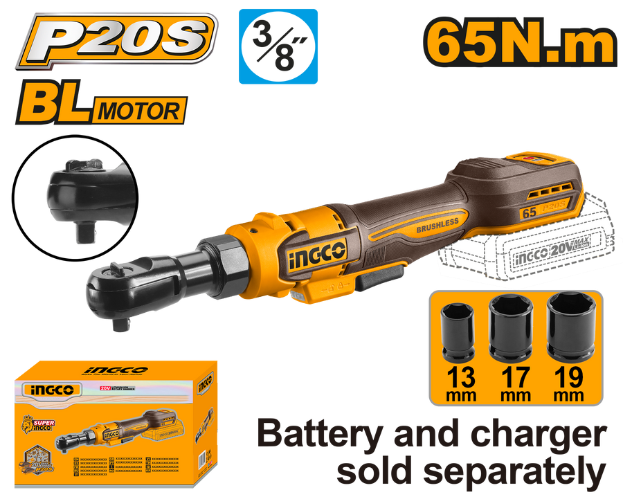 INGCO 20V Cordless Drive Ratchet 65Nm Brushless CDRLI2065I1