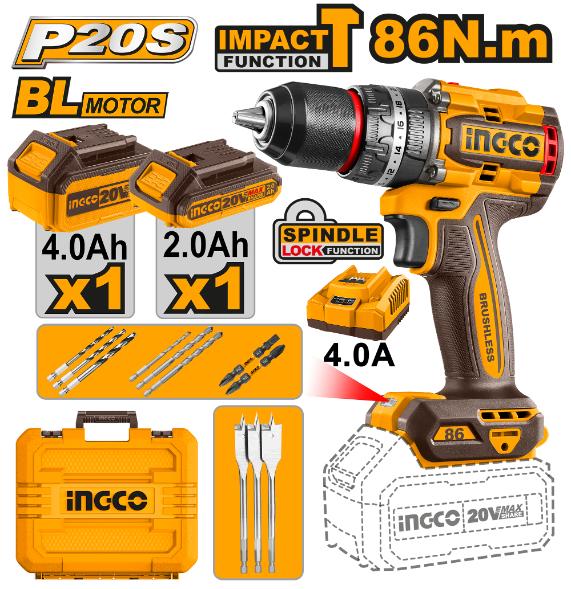 INGCO 20V Lithium-Ion Brushless Impact Drill Kit 86Nm