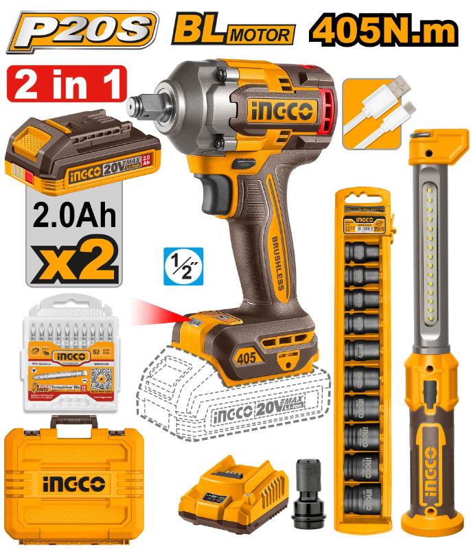 INGCO 20V Cordless 2-in-1 Combo Kit — Impact Wrench, Work Lamp & Socket Set