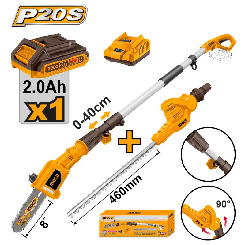 INGCO 20V Cordless Pole Saw & Pole Hedge Trimmer Combo Kit