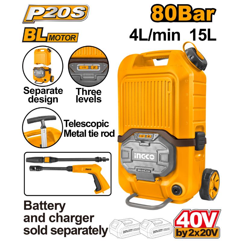 INGCO 40V Lithium-Ion Brushless Cordless Pressure Washer 80bar