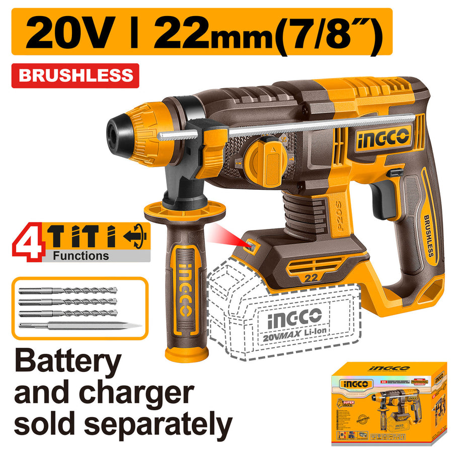 INGCO 20V Cordless Rotary Hammer 22mm Brushless CRHLI22208