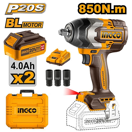 INGCO 20V Brushless Cordless Impact Wrench 850Nm 1/2" Kit CIWLI2085