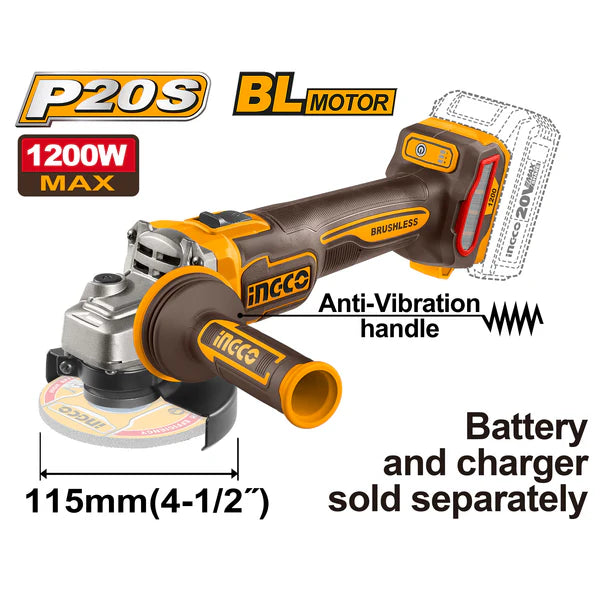 INGCO 20V Brushless Cordless Angle Grinder 115mm 1200W (CAGLI212025)