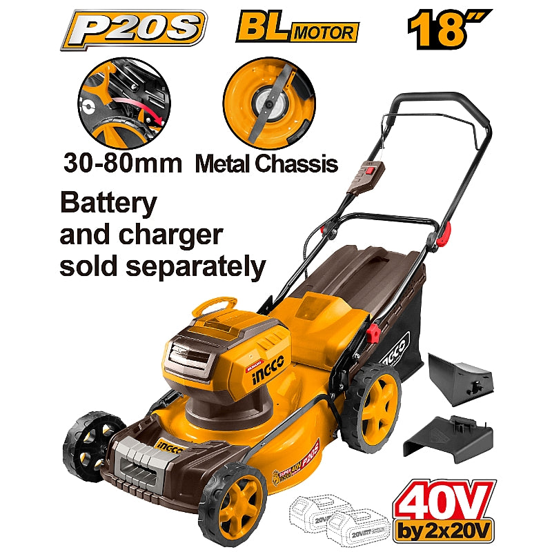 INGCO 40V (2×20V) Brushless Cordless Lawn Mower 460mm (LMLI20185)