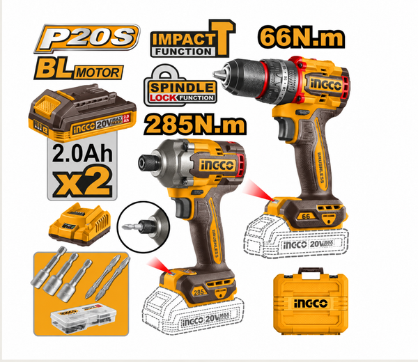 INGCO 20V Brushless 2-in-1 Cordless Drill & Impact Driver Combo Kit 2×2Ah P20S