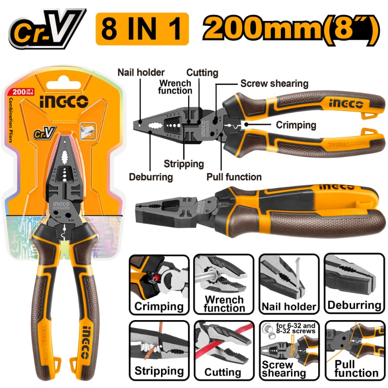 INGCO 8-in-1 Multi-Function Combination Pliers 8″ (200mm)