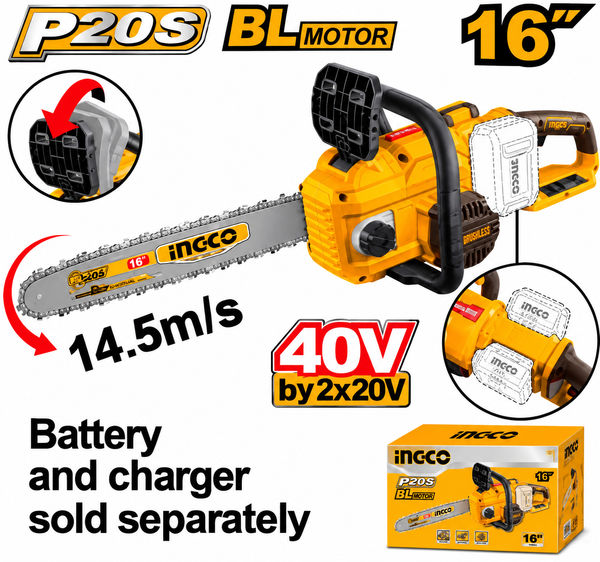 INGCO 40V Lithium-Ion Brushless Cordless Chainsaw 16"