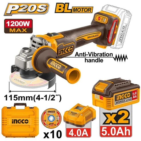 INGCO 20V Cordless Angle Grinder Brushless 115mm Kit Super INGCO CAGLI2120252