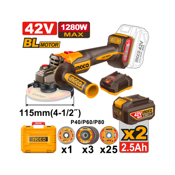 INGCO 42V Angle Grinder Kit 1280W 115mm