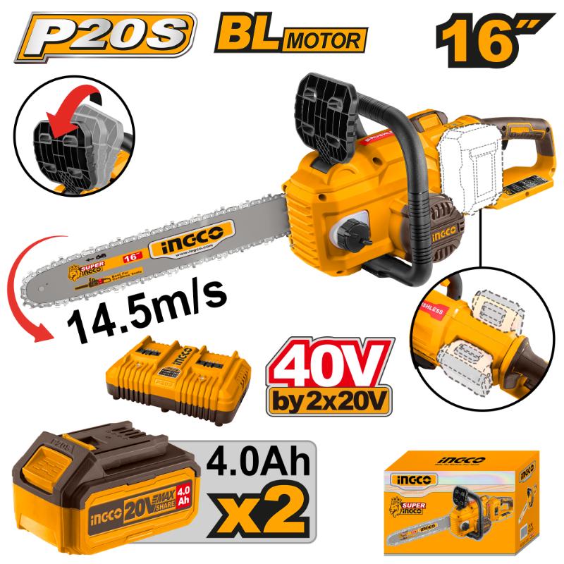 INGCO 40V Lithium-Ion Brushless Cordless Chainsaw 400mm Kit