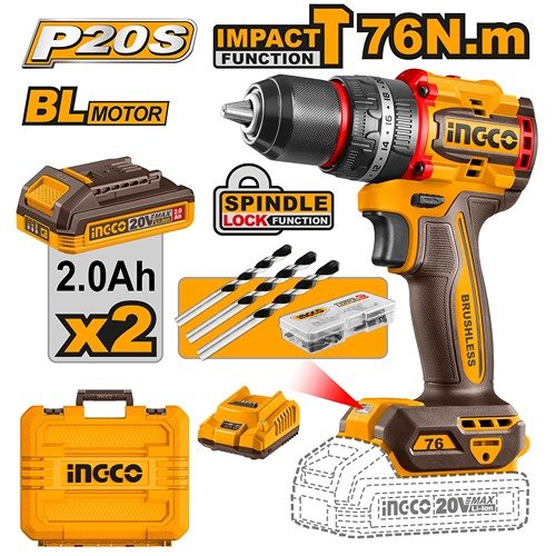 INGCO 20V Brushless Impact Drill 76Nm Kit