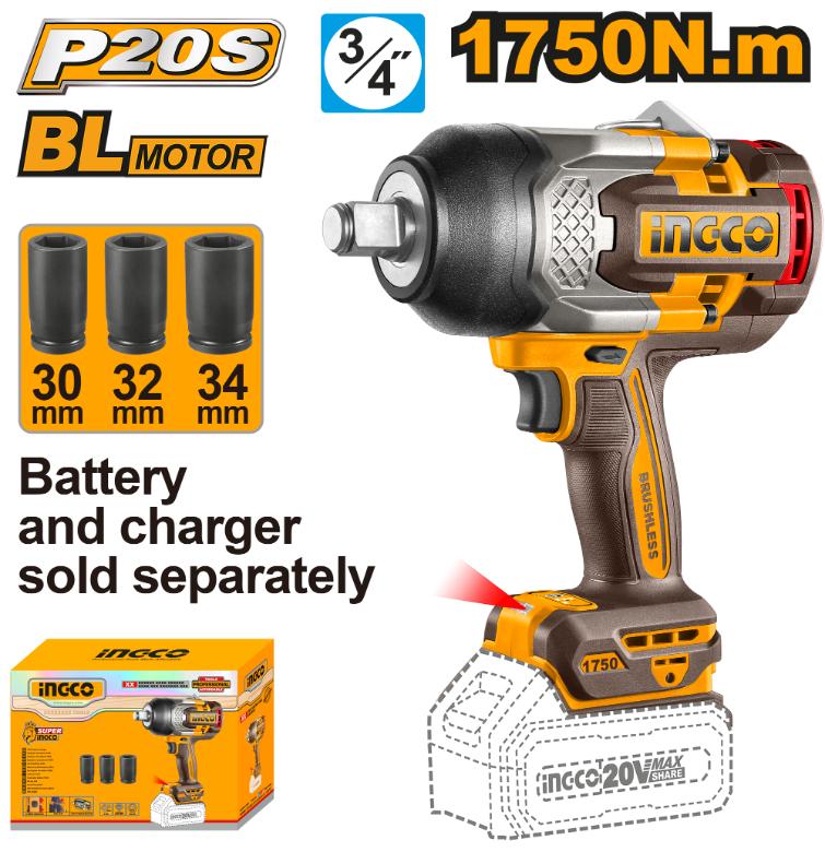 INGCO 20V Lithium-Ion Brushless Impact Wrench 1750Nm 3/4"