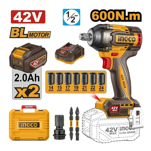 INGCO 42V Impact Wrench Kit 600/750Nm