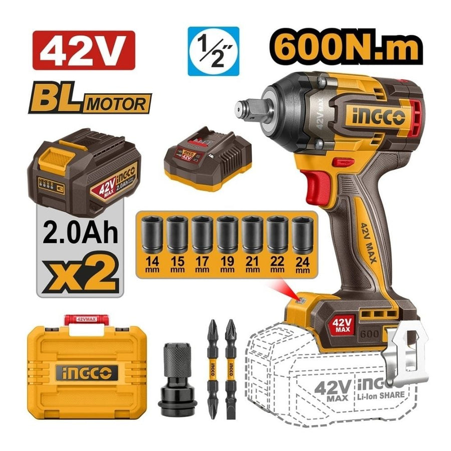 INGCO 42V Cordless Impact Wrench 600Nm