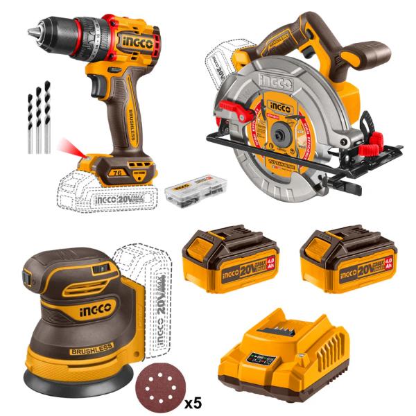 INGCO 20V Cordless 3-in-1 Combo Kit — Circular Saw, Impact Drill & Sander