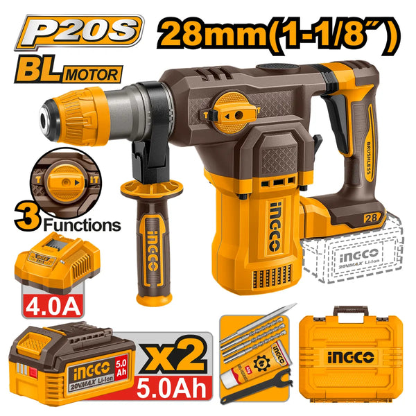 INGCO 20V Brushless Cordless Rotary Hammer 28mm Kit (CRHLI202862)