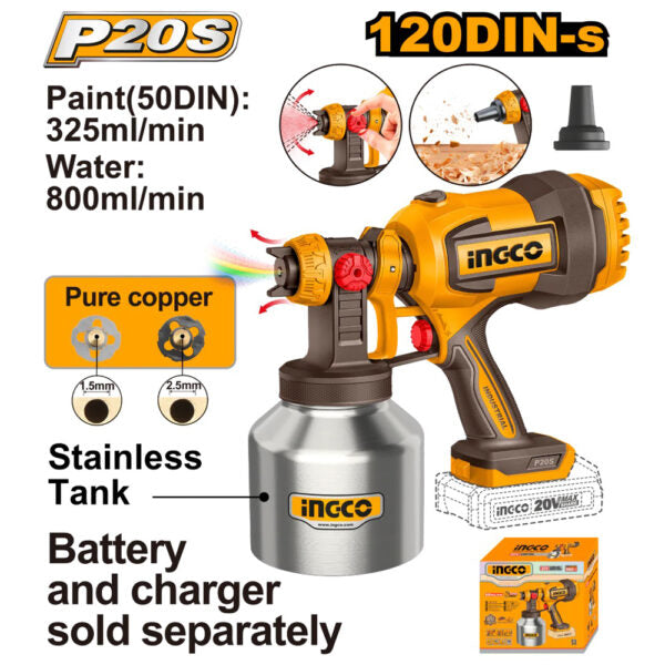 INGCO 20V Cordless Spray Gun 800ml (Stainless)