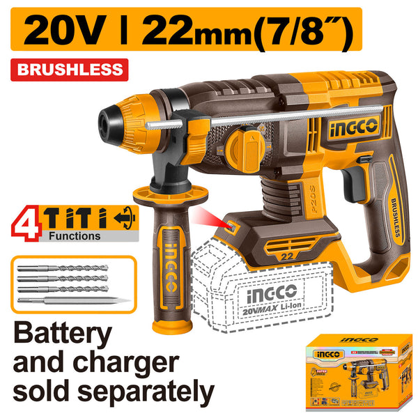 INGCO 20V Cordless Rotary Hammer 22mm Brushless CRHLI22208