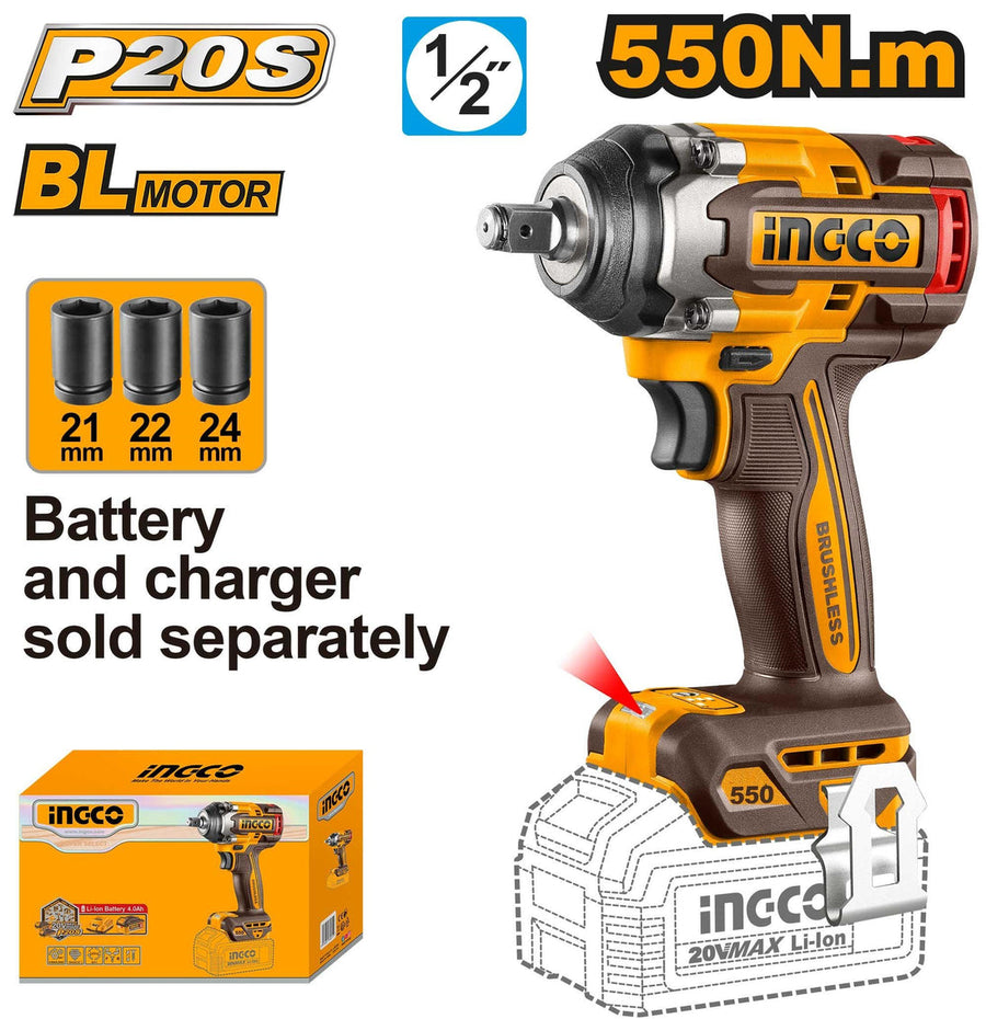 INGCO 20V Brushless Cordless Impact Wrench 550Nm 1/2" Drive (Tool Only) - CIWLI20551