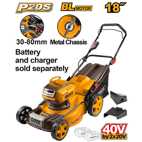 INGCO 40V (2×20V) Brushless Cordless Lawn Mower 460mm (LMLI20185)