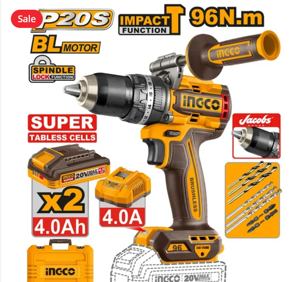 INGCO 20V Brushless Cordless Impact Drill Kit 96Nm 2×4Ah Batteries + Case