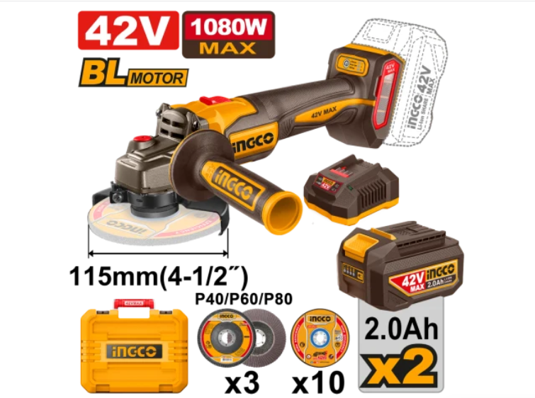 INGCO 42V Cordless Angle Grinder 115mm 1080W