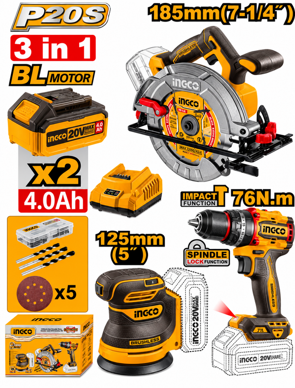 INGCO 20V Cordless 3-in-1 Combo Kit — Circular Saw, Impact Drill & Sander