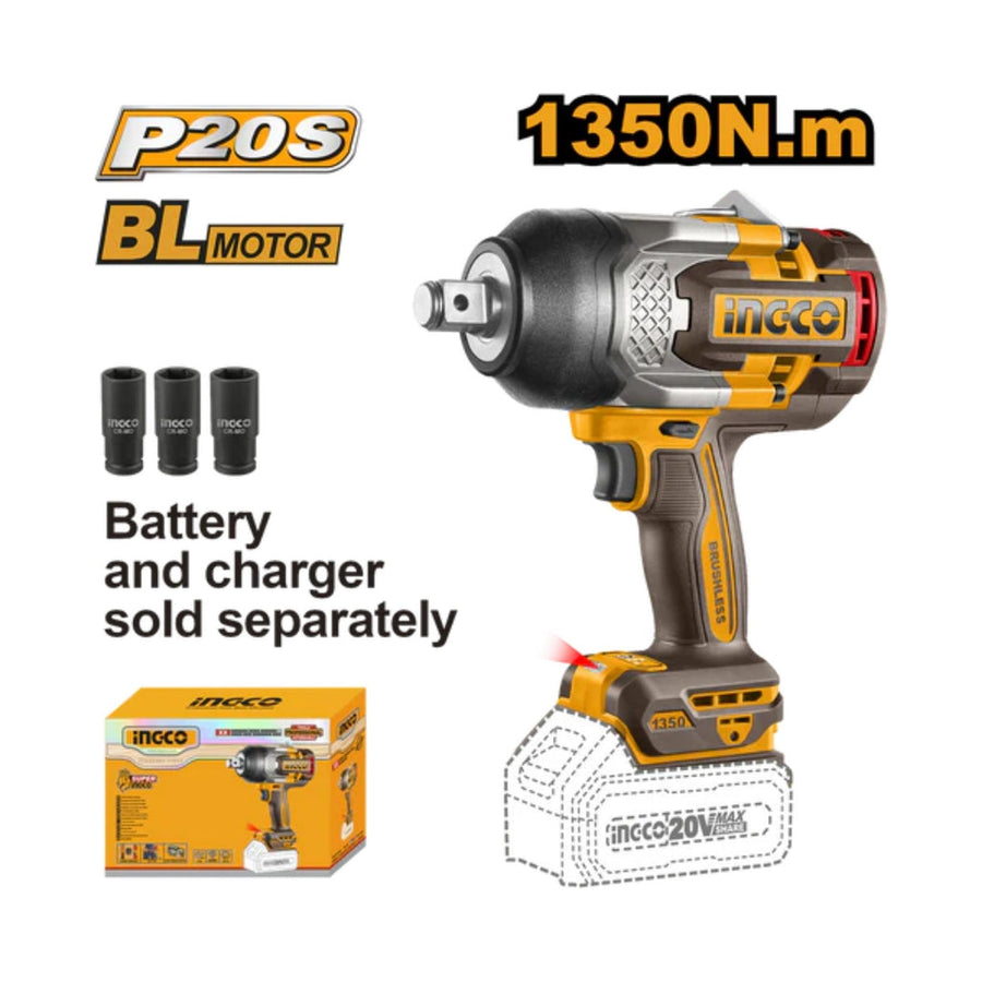 INGCO 20V Brushless Cordless Impact Wrench 1350Nm 3/4" CIWLI201355 (Tool Only)
