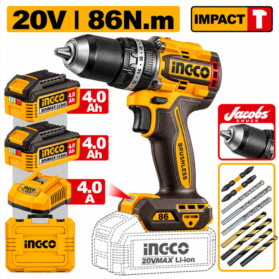INGCO 20V Brushless Cordless Impact Drill Kit 86Nm